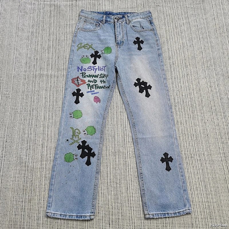 Chrome Hearts Logo Detail Cross patch jeans White Jeans Black with Relaxed Feel