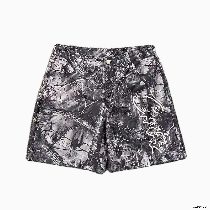 Corteiz Street Style Black and Grey Tree Grain Camouflage Shorts