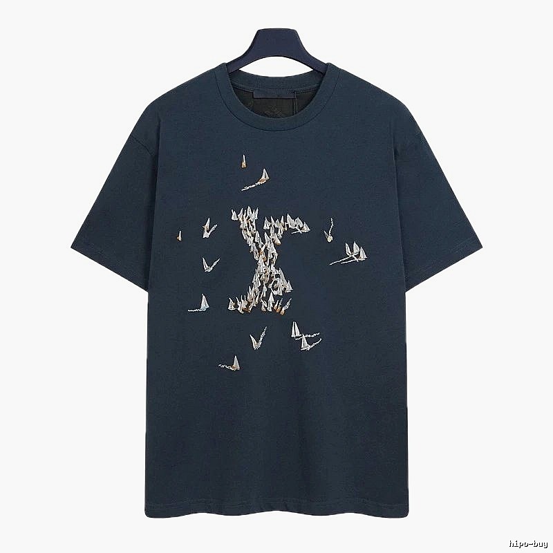 Louis Vuitton Light Luxury Style Navy Blue T-Shirt with Sailing Boat Embroidery