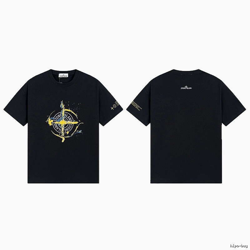 Stone Island Ink-splattered Street Style Black Short-sleeve T-shirt