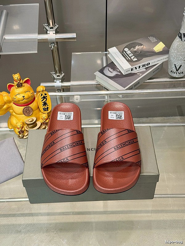 Balenciaga Letter Print Streetwear Brand Reddish Brown Slide Sandals