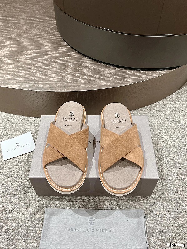 Brunello Cucinelli Casual-style Camel Cross-strap Slide Sandals