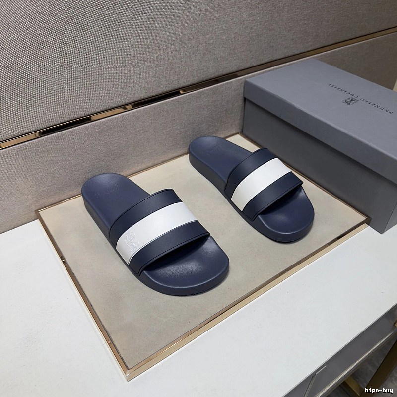 Brunello Cucinelli Casual-style Navy Blue and White Colorblock Slide Sandals