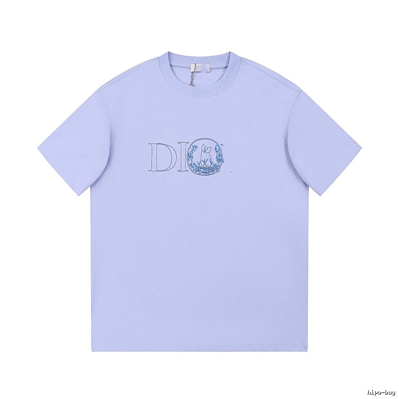 Dior Cat-Embroidered Casual Light Purple Short-sleeve T-Shirt