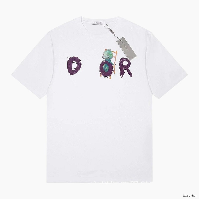 Dior Dinosaur Graffiti Cool Trendy White Short-sleeve T-shirt