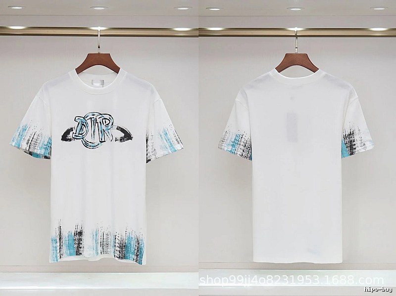 Dior Graffiti Collection Street Style White and Blue Short-sleeve T-shirt