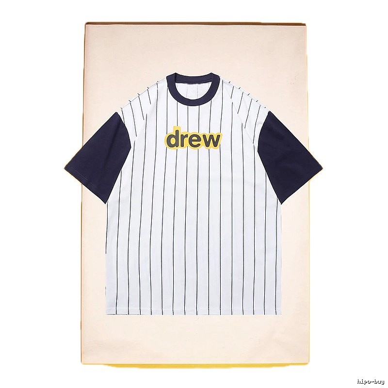 DREW Letter Print Street Style White and Navy Blue Short Sleeve T-Shirt