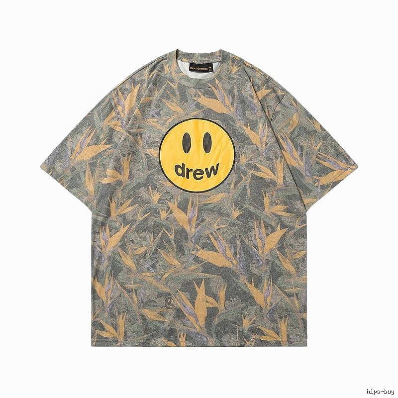 DREW Smiley All-over Print Street Style Grey and Yellow Short Sleeve T-Shirt