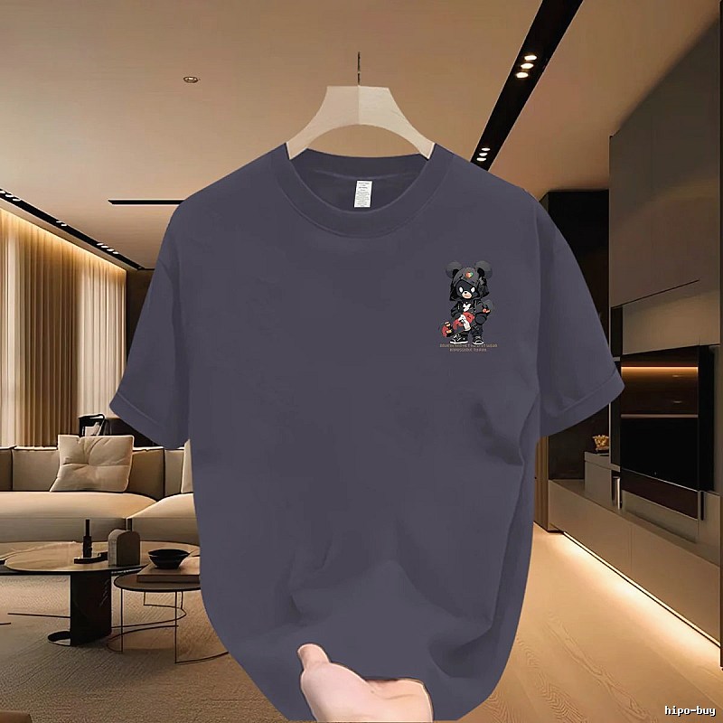 Gray-Blue Guochao Techwear Street Style T-Shirt with Bear Print