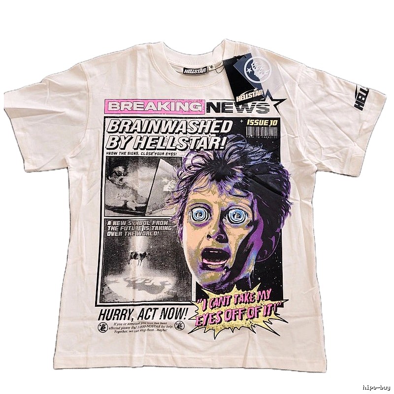 Hellstar Newspaper Print Street Style Off-white T-Shirt