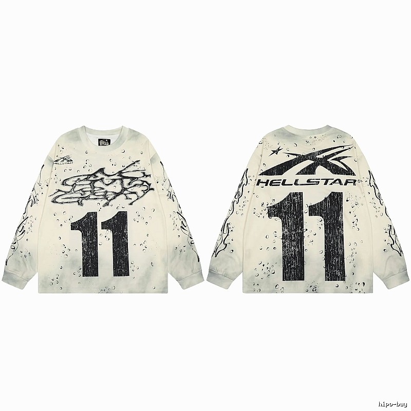 Hellstar No.11 Distressed Street Style Off-white Long Sleeve T-shirt