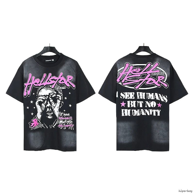 Hellstar Portrait Print Street Style Black and Pink Short-sleeve T-shirt