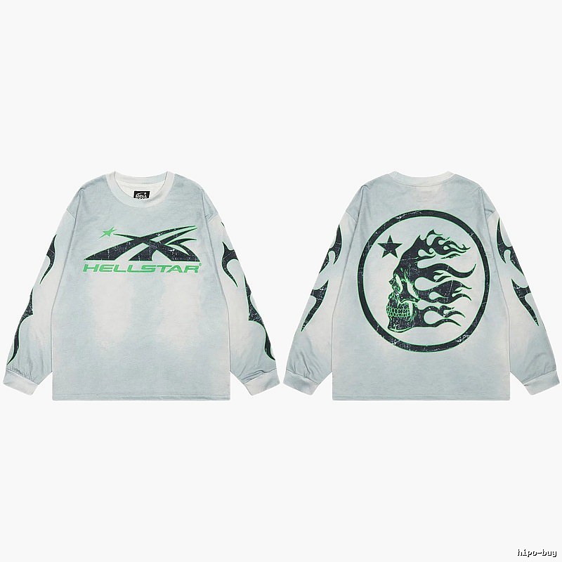 Hellstar Skull Print Street Style Light Gray Long Sleeve T-Shirt