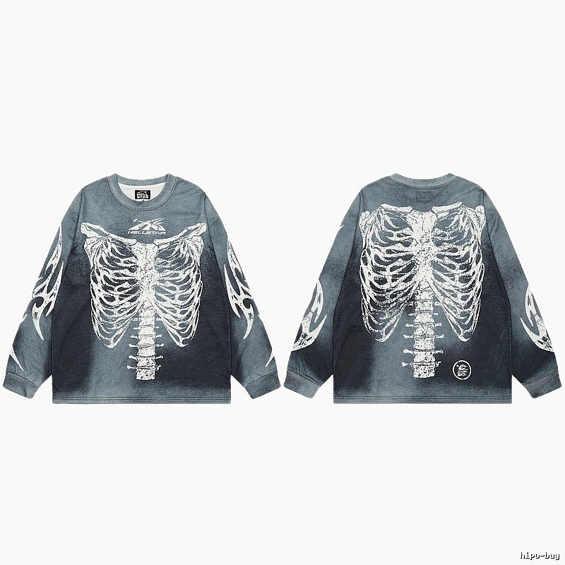 Hellstar Skull Print Street Style Vintage Grey Long Sleeve T-shirt