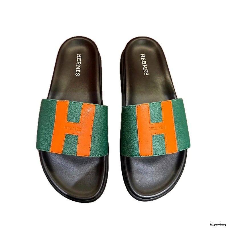 Hermès H Collection Casual Style Green and Orange Color-block Slide Sandals