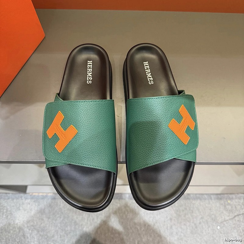 Hermès H Collection Casual Style Green & Orange Color-block Slide Sandals