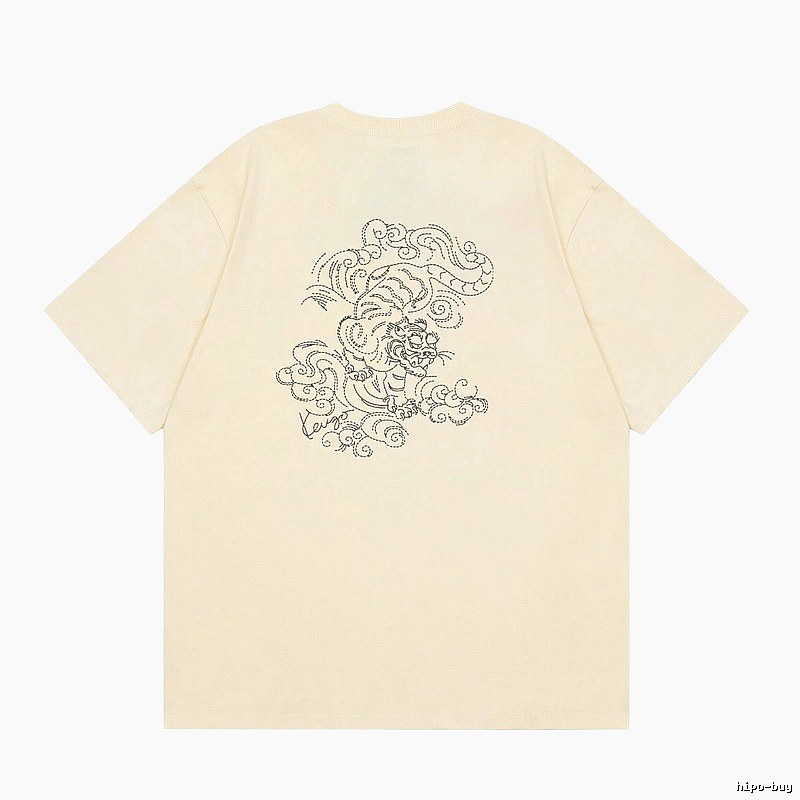 KENZO Auspicious Cloud Tiger Embroidery Chinese Style Beige Apricot Short Sleeve T-Shirt