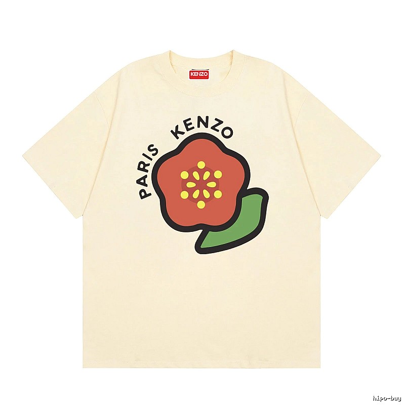 KENZO Begonia Print Casual Style Beige Short Sleeve T-Shirt