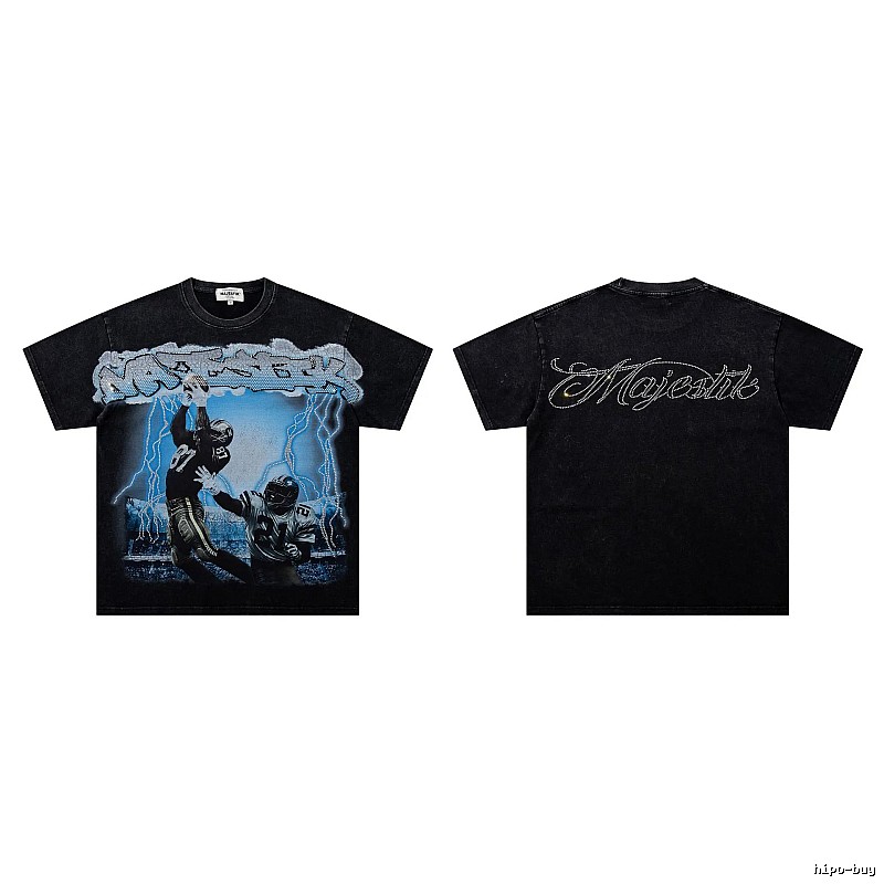 MAJESTIK American Retro Distressed Black Rugby T-shirt