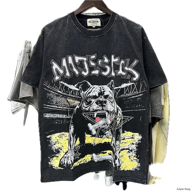 MAJESTIK Bulldog Distressed Street Style Black T-Shirt