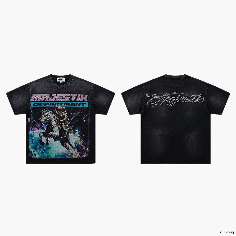 MAJESTIK Space Print Vintage Distressed Black T-Shirt