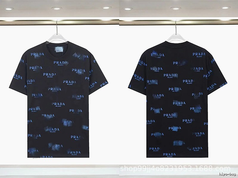 Prada All-over Printed Streetwear Style Black Short-sleeve T-shirt