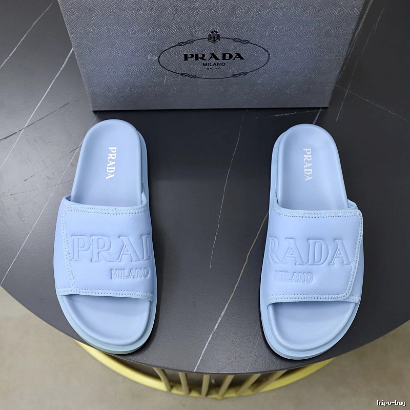 Prada Embossed Collection Minimalist Style Light Blue Slides