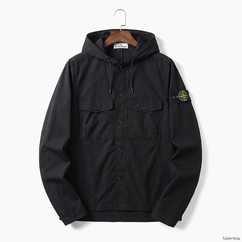 Stone Island Workwear Style Black Hooded Coat