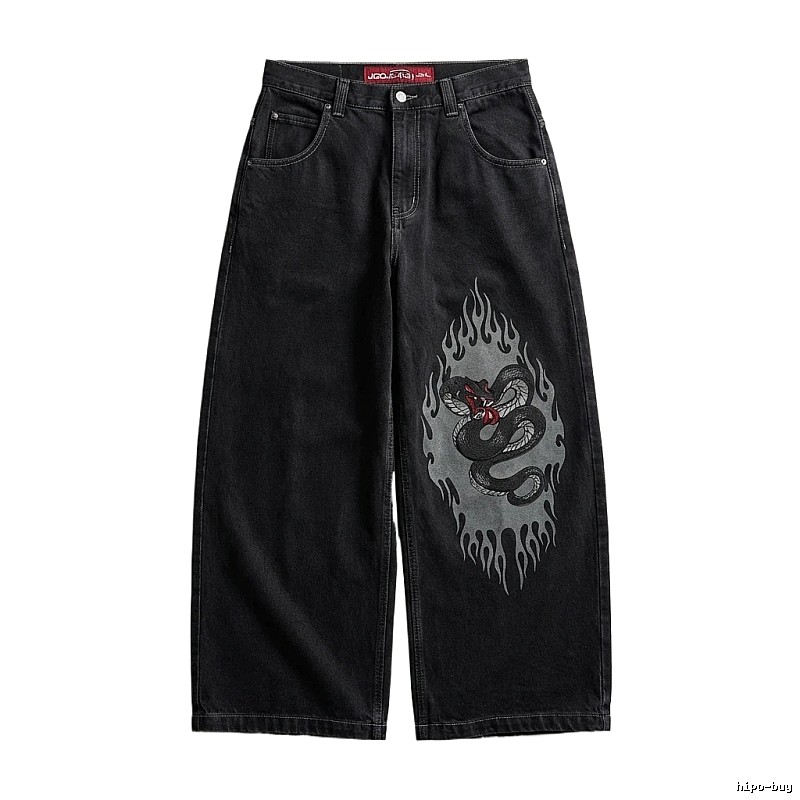 Y2K Flame Snake Print Black Jeans